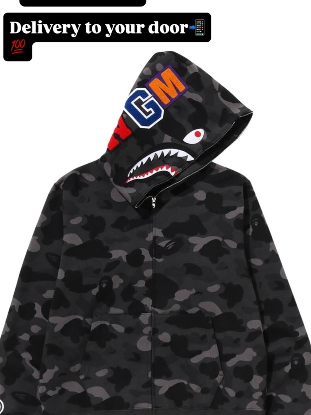 Bape Kids Black/Grey Camo Shark Hooded Puffer Jacket